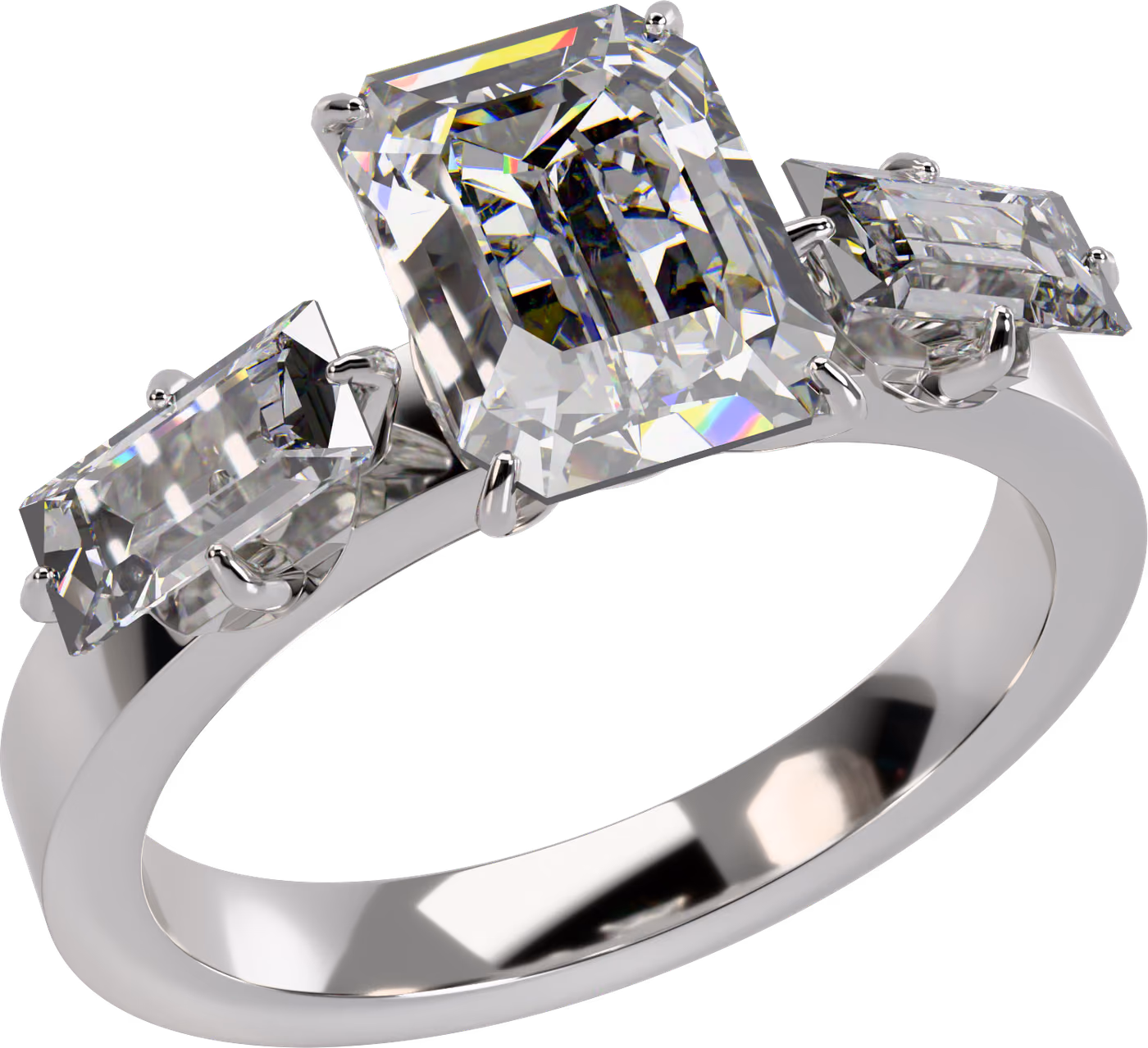 Smaragdslip med baguetter, förlovningsring i 18k vitguld med 1,50 ct + 2 × 0,30 ct diamant, snett ovanifrån