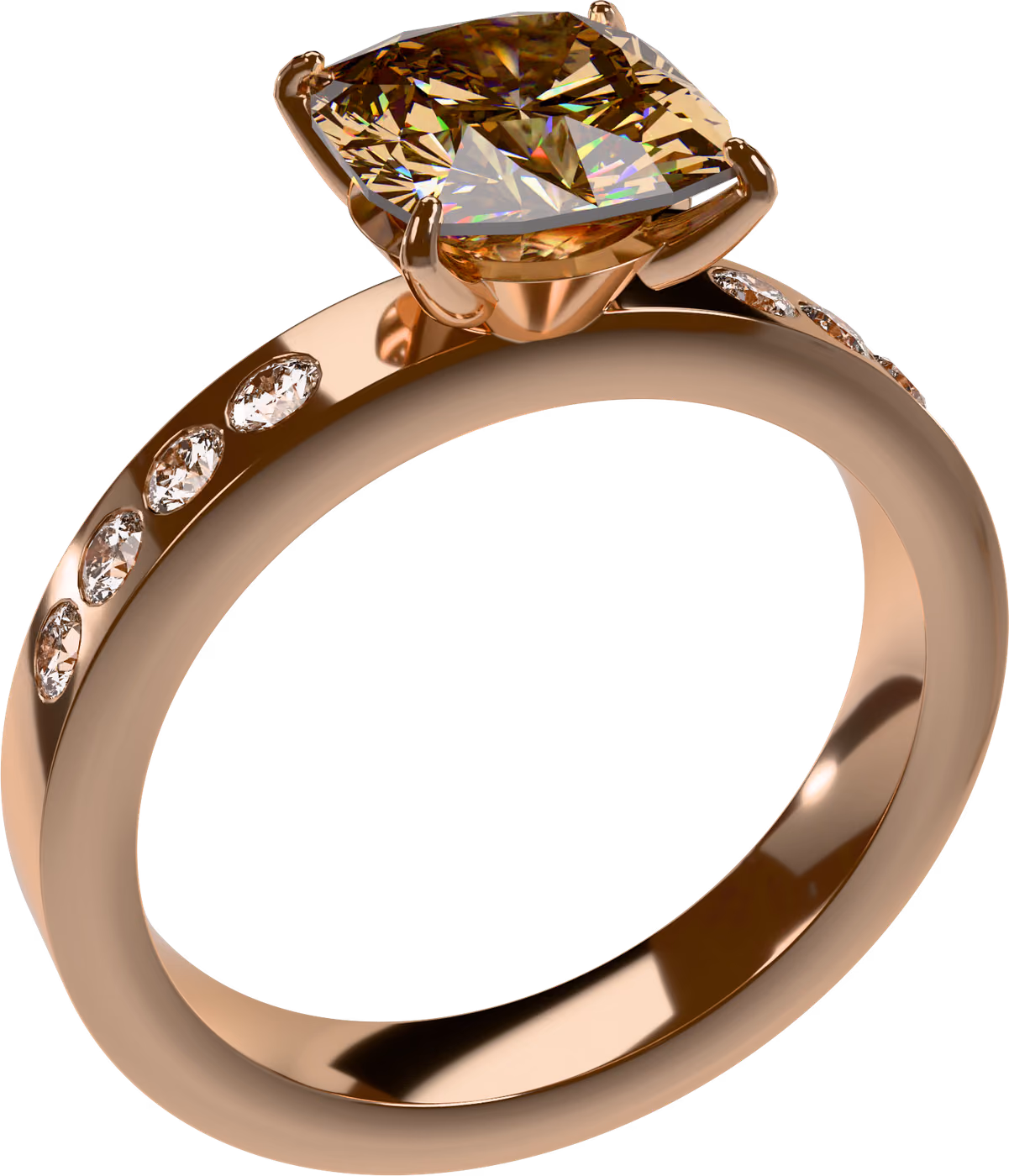 Champagnediamant, förlovningsring i 18k rödguld med 1,50 ct kuddslipad champagnediamant + 8 × 0,02 ct rund diamant, snett ovanifrån