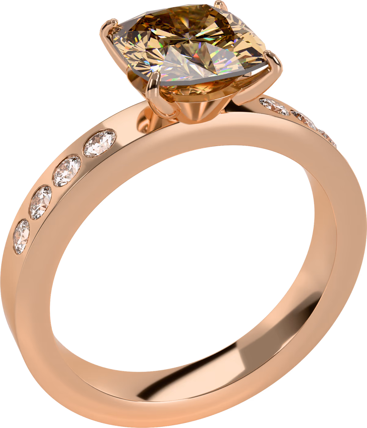 Champagnediamant, förlovningsring i 18k rödguld med 1,50 ct kuddslipad champagnediamant + 8 × 0,02 ct rund diamant, snett ovanifrån