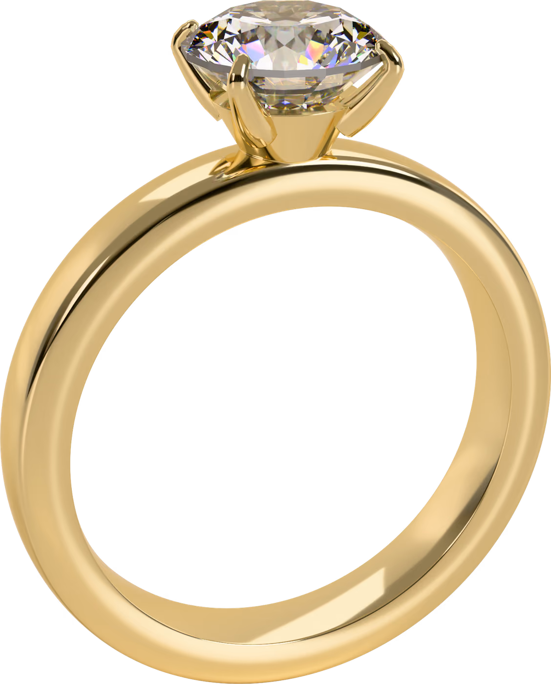 Klassisk solitär, förlovningsring i 18k gult guld med 1,00 ct rund diamant, snett ovanifrån