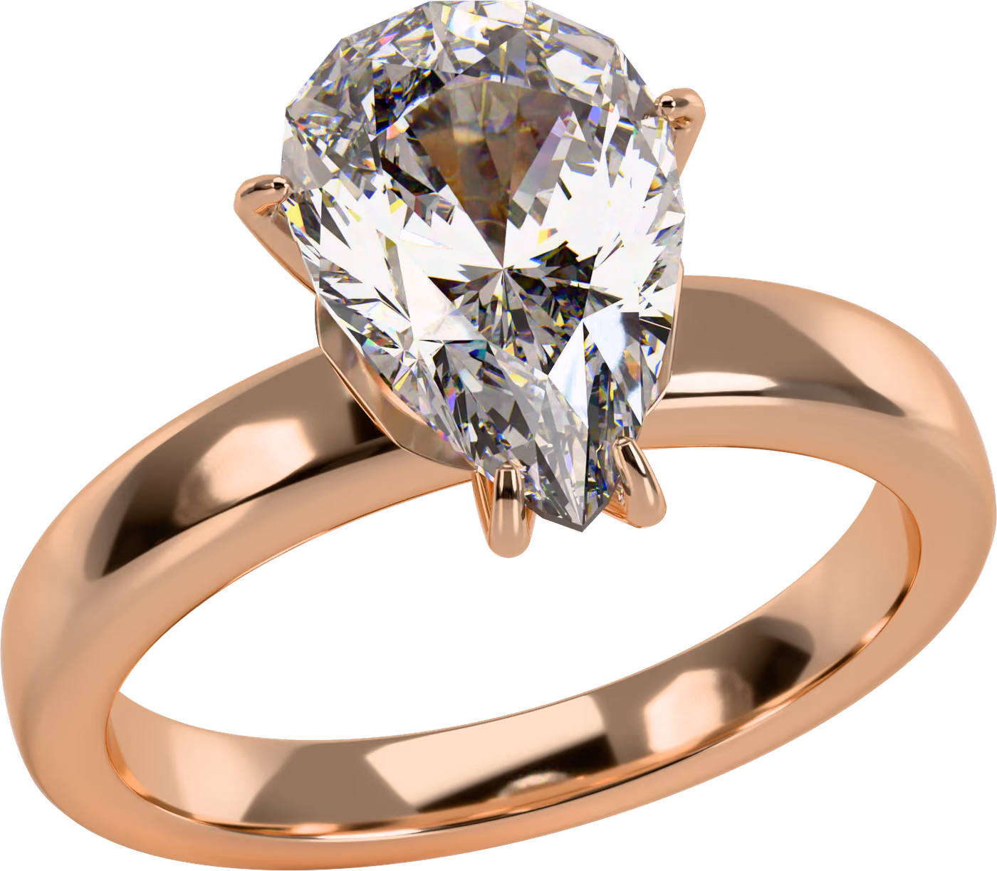 Droppen, förlovningsring i 18k rödguld med 1,50 ct droppslipad diamant, snett ovanifrån