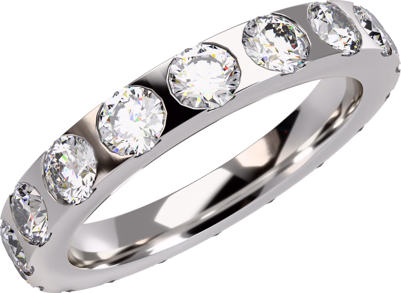 Alliansring, vigselring i 18k vitguld med 18 × 0,11 ct rund diamant infälld, snett ovanifrån