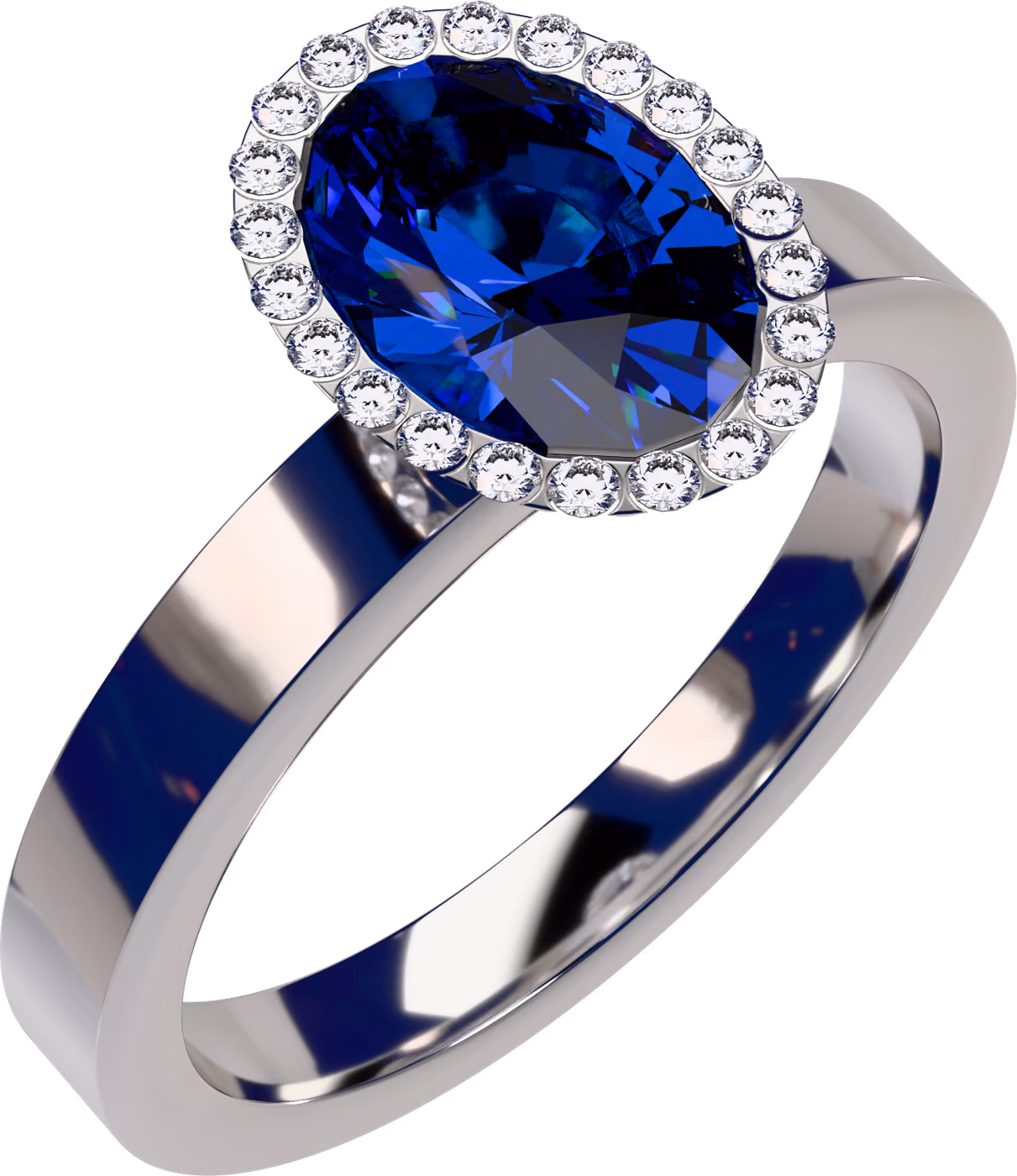 Safir med halo, blå safirring i 18k vitguld med 1,00 ct oval blå safir, snett ovanifrån