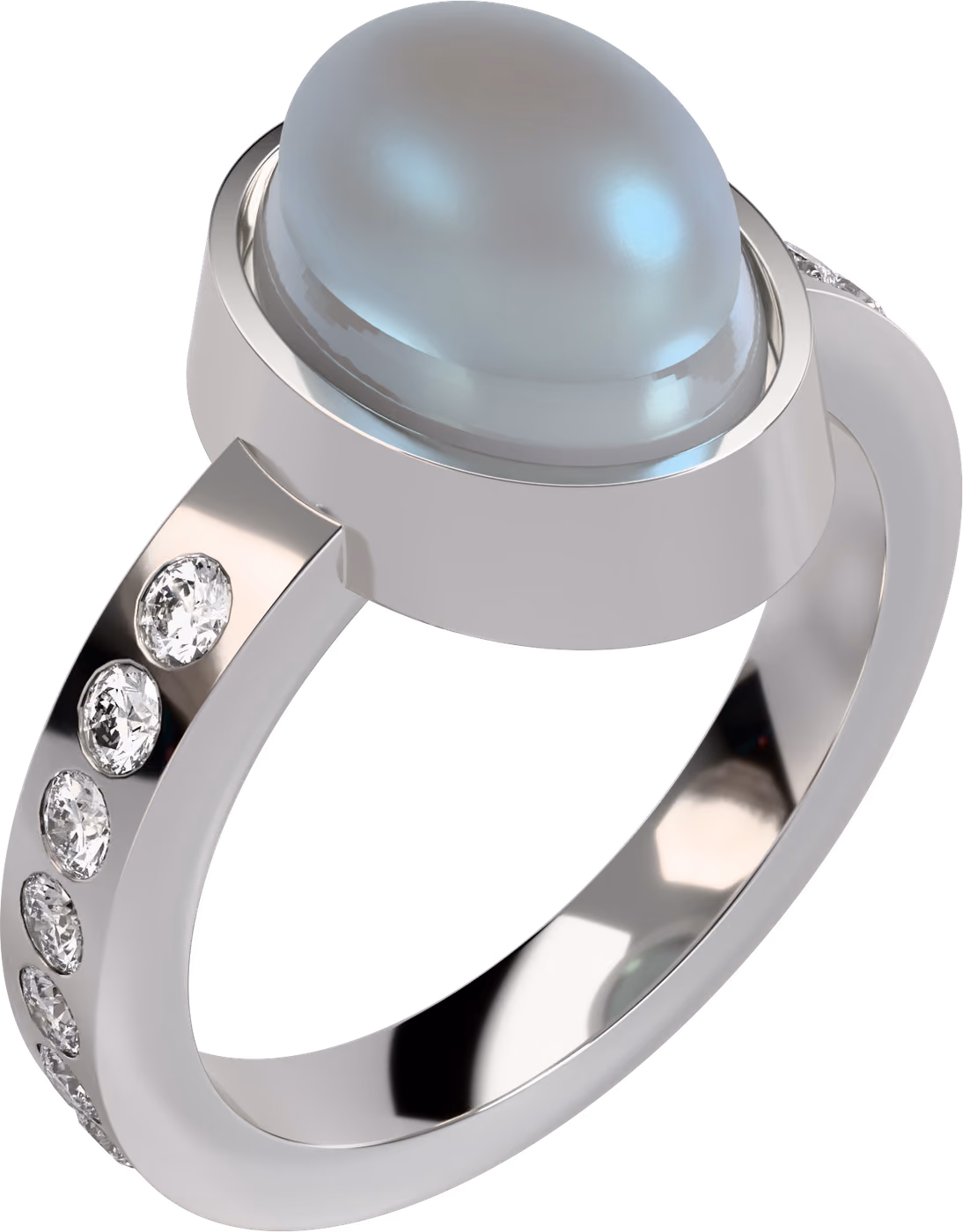 Månsten, ring i 18k vitguld med 2,00 ct oval cabochonslipad månsten + 16 × 0,02 ct rund diamant, snett ovanifrån