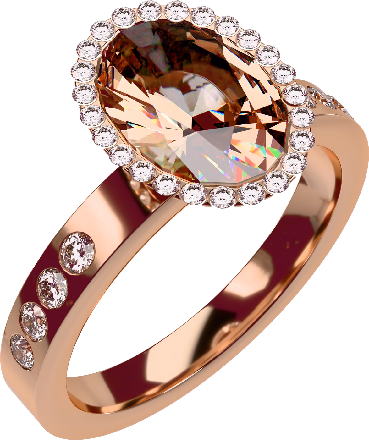 Morganit, ring i 18k rödguld med 1,50 ct oval morganit + 8 × 0,02 ct rund diamant, snett ovanifrån