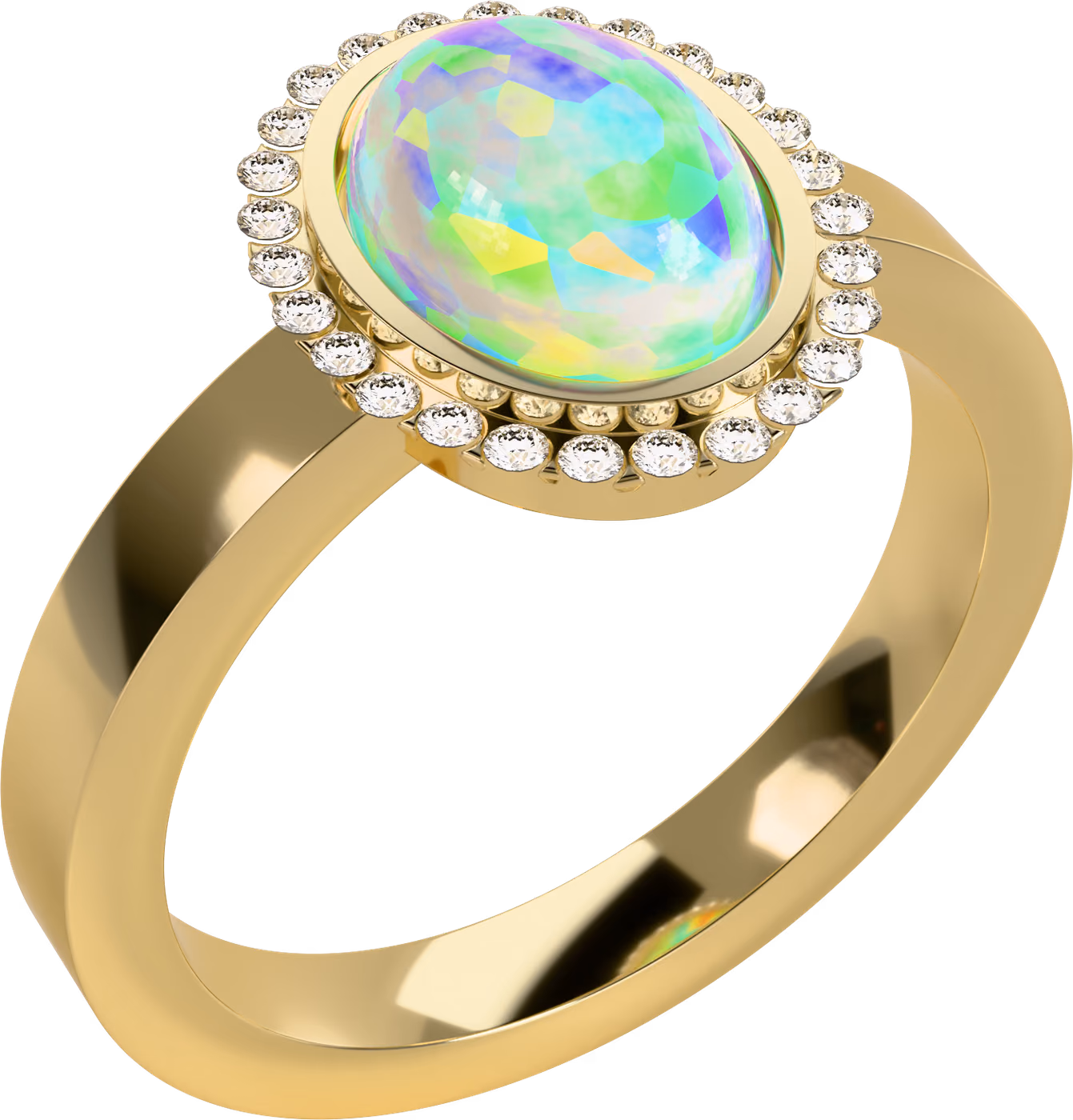 Opal med halo, ring i 18k gult guld med 1,50 ct oval cabochonslipad opal i ram, snett ovanifrån