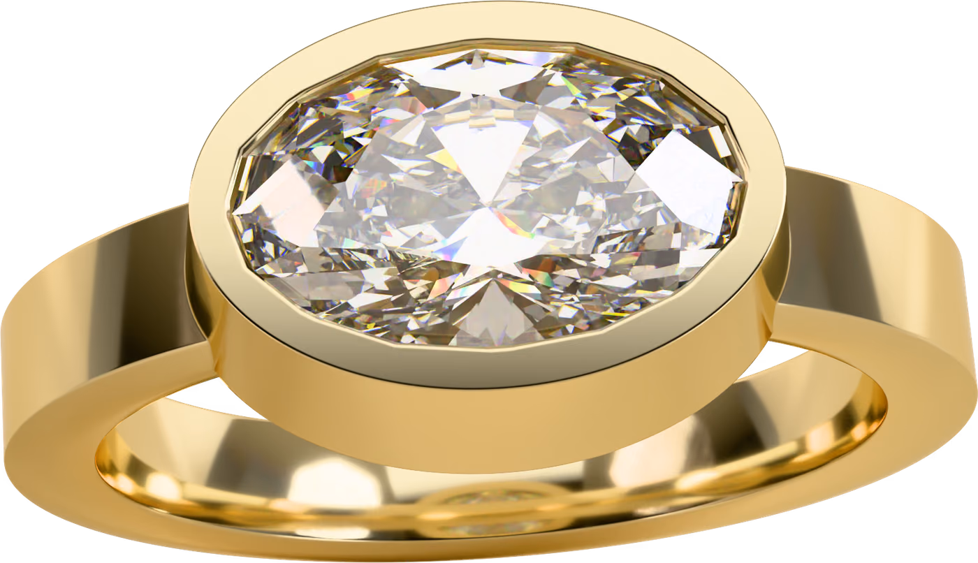 Öst–väst, förlovningsring i 18k gult guld med 1,00 ct oval diamant tvärs över fingret i ram, snett ovanifrån