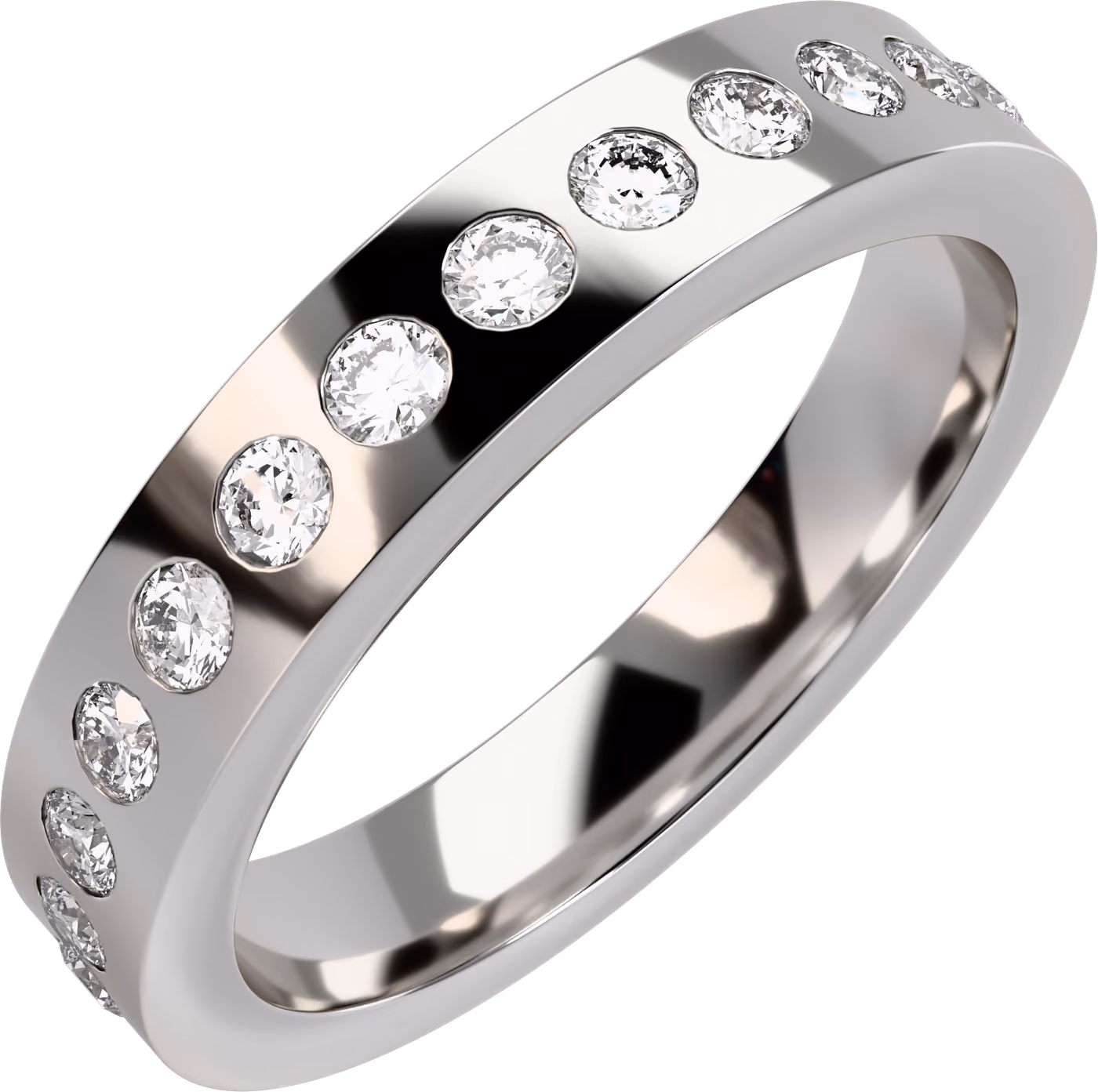 Pavé, vigselring i 18k vitguld med 16 × 0,03 ct rund diamant infälld, snett ovanifrån