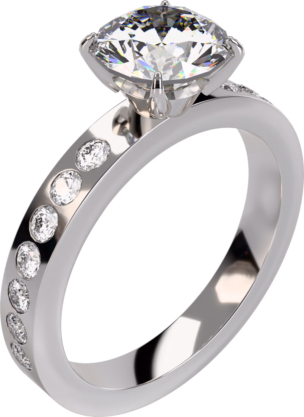 Pavésolitär, förlovningsring i 18k vitguld med 1,00 ct + 16 × 0,02 ct rund diamant, snett ovanifrån