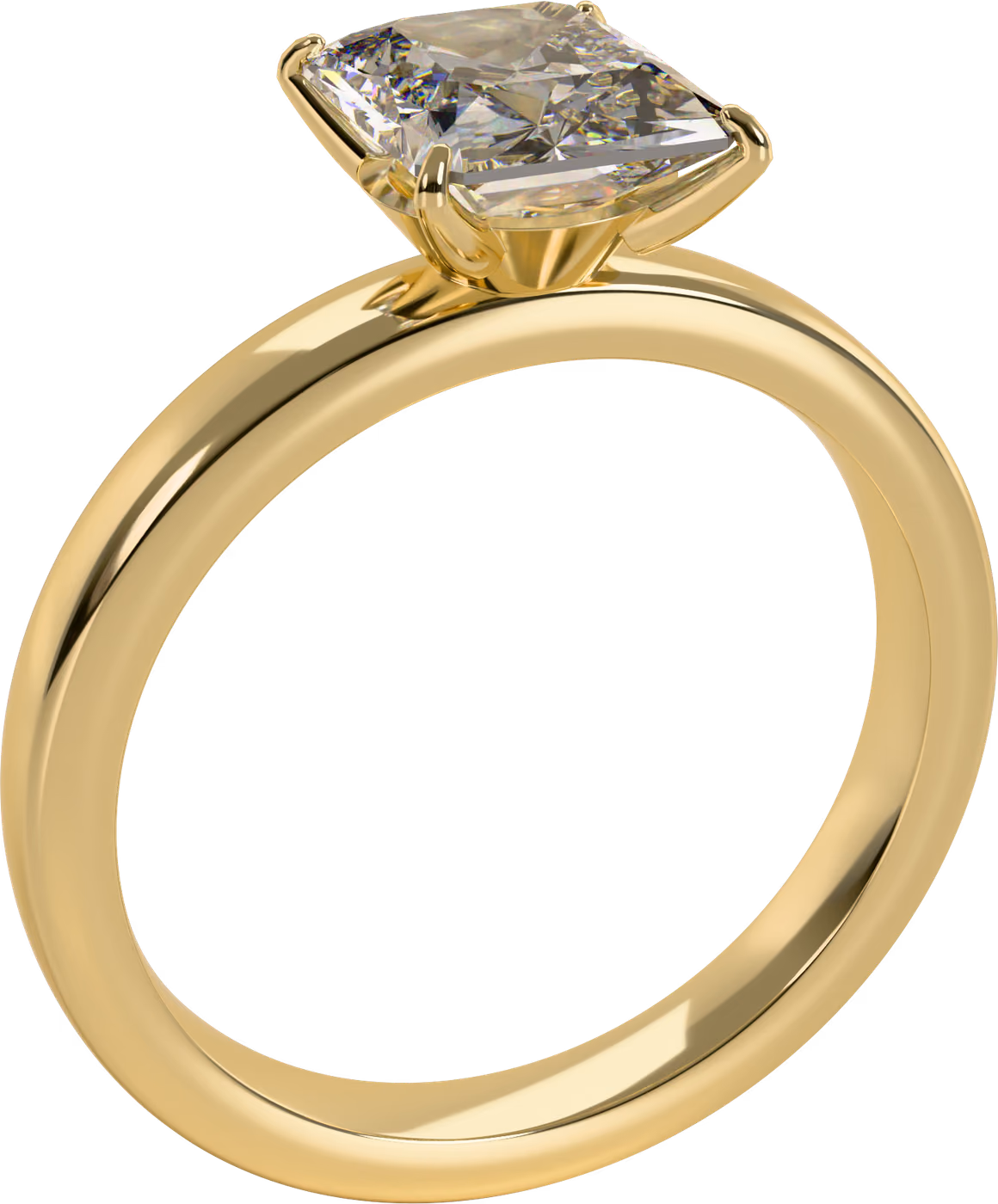 Radiant, förlovningsring i 18k gult guld med 1,50 ct radiantslipad diamant, snett ovanifrån