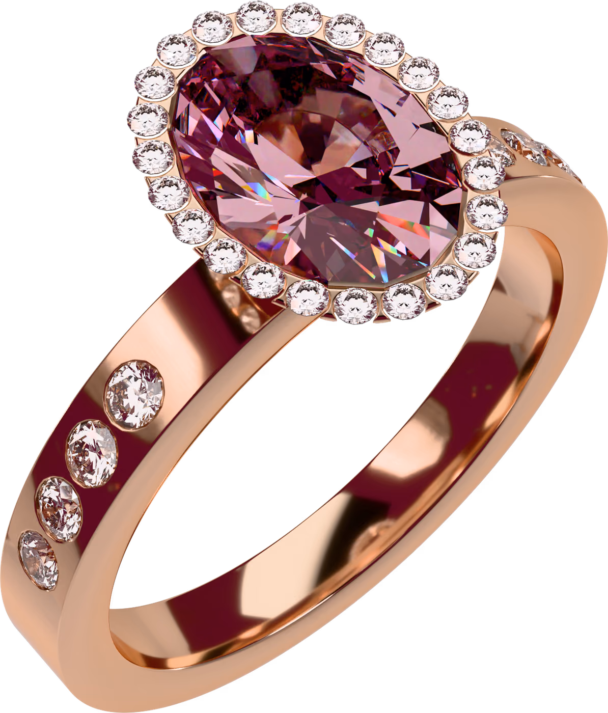Rosa safir med halo, ring i 18k rödguld med 1,20 ct oval rosa safir + 8 × 0,02 ct rund diamant, snett ovanifrån