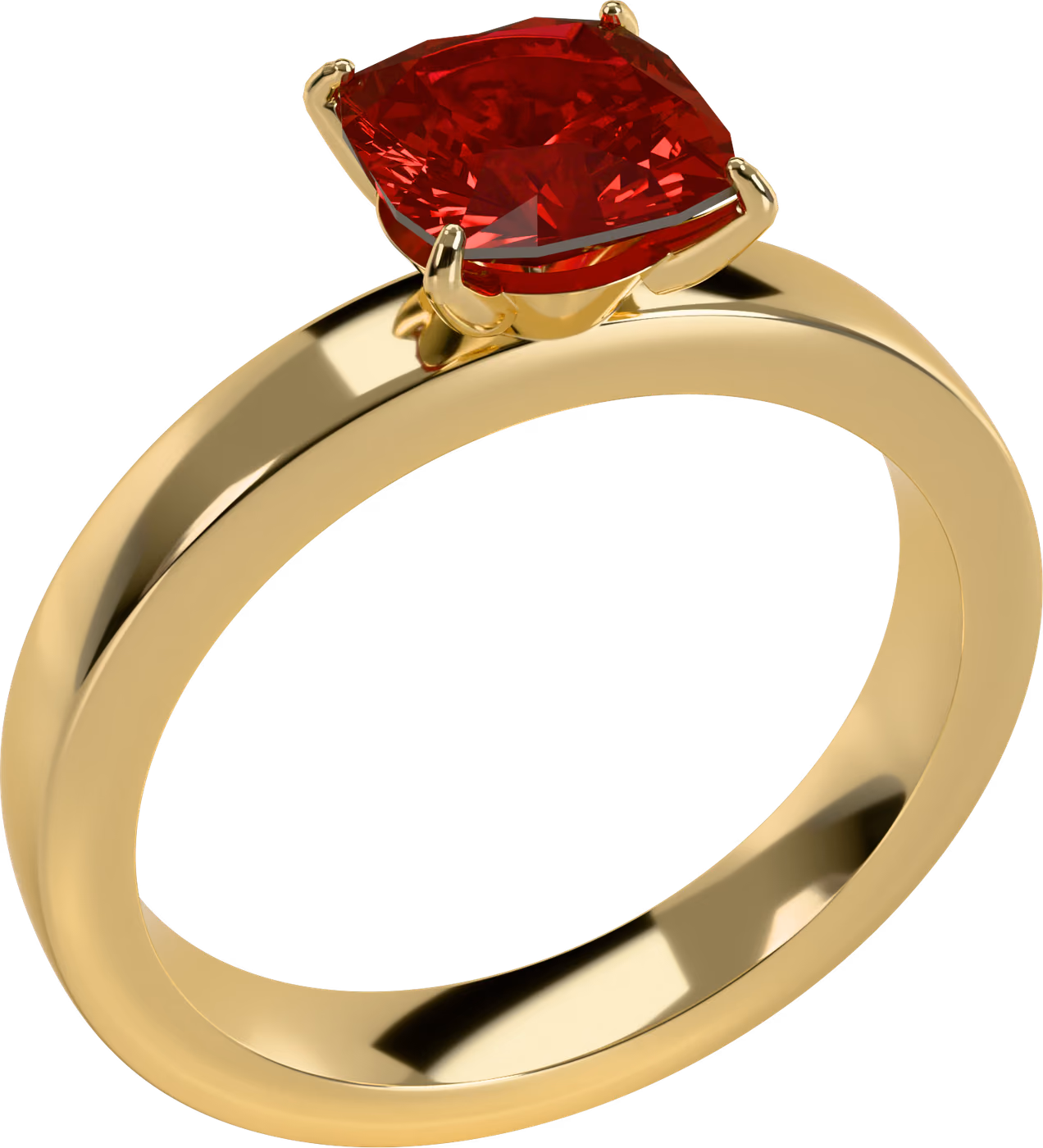 Rubin i klor, ring i 18k gult guld med 1,00 ct kuddslipad rubin, snett ovanifrån