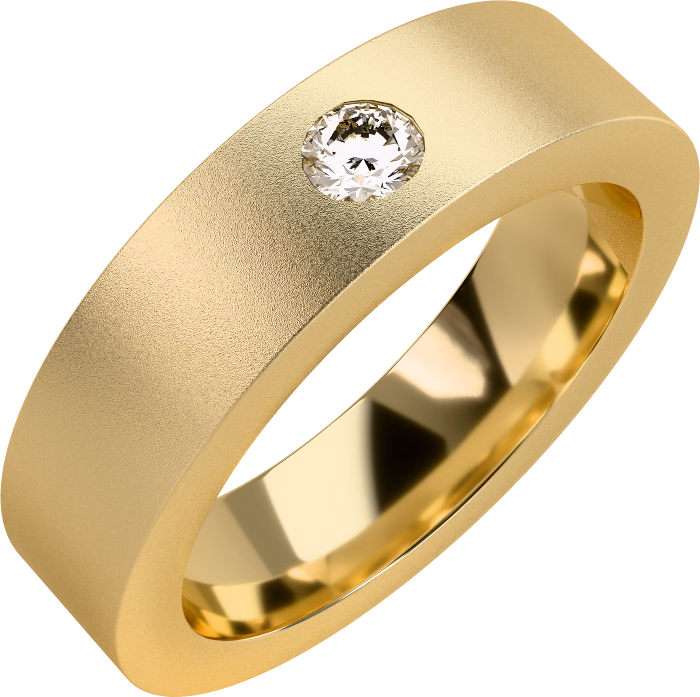 Sandblästrad, vigselring i 18k gult guld med 0,08 ct rund diamant infälld, snett ovanifrån
