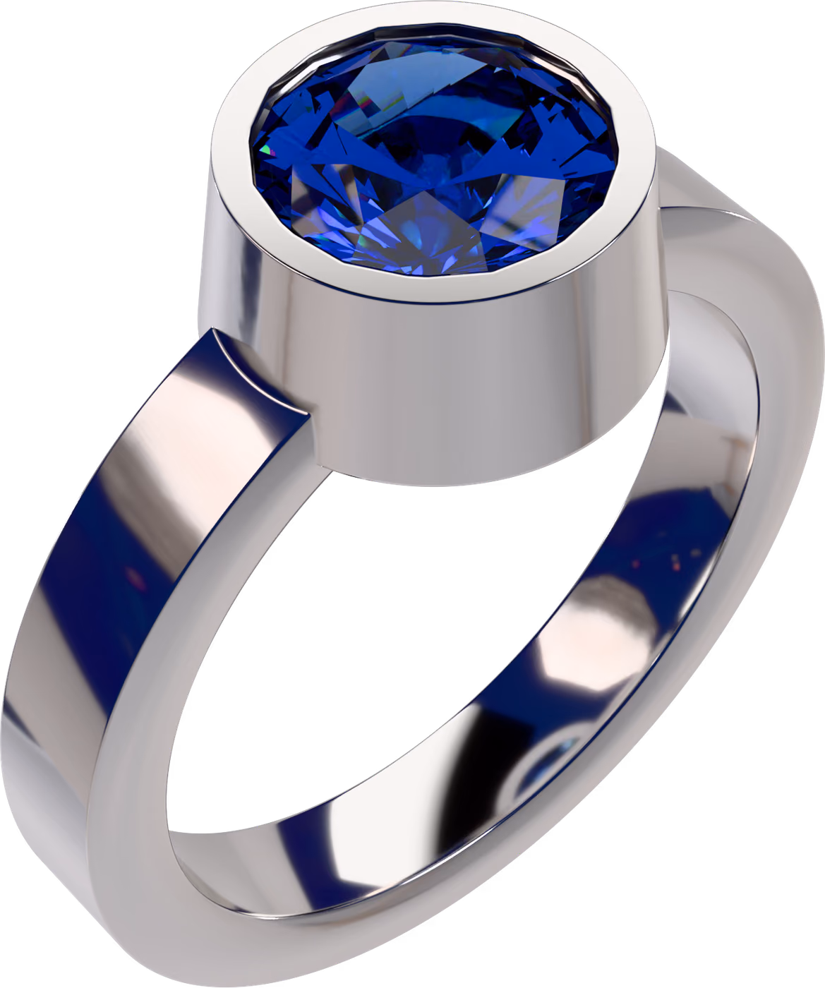 Blå safir i ram, ring i 18k vitguld med 1,00 ct rund blå safir i ram, snett ovanifrån