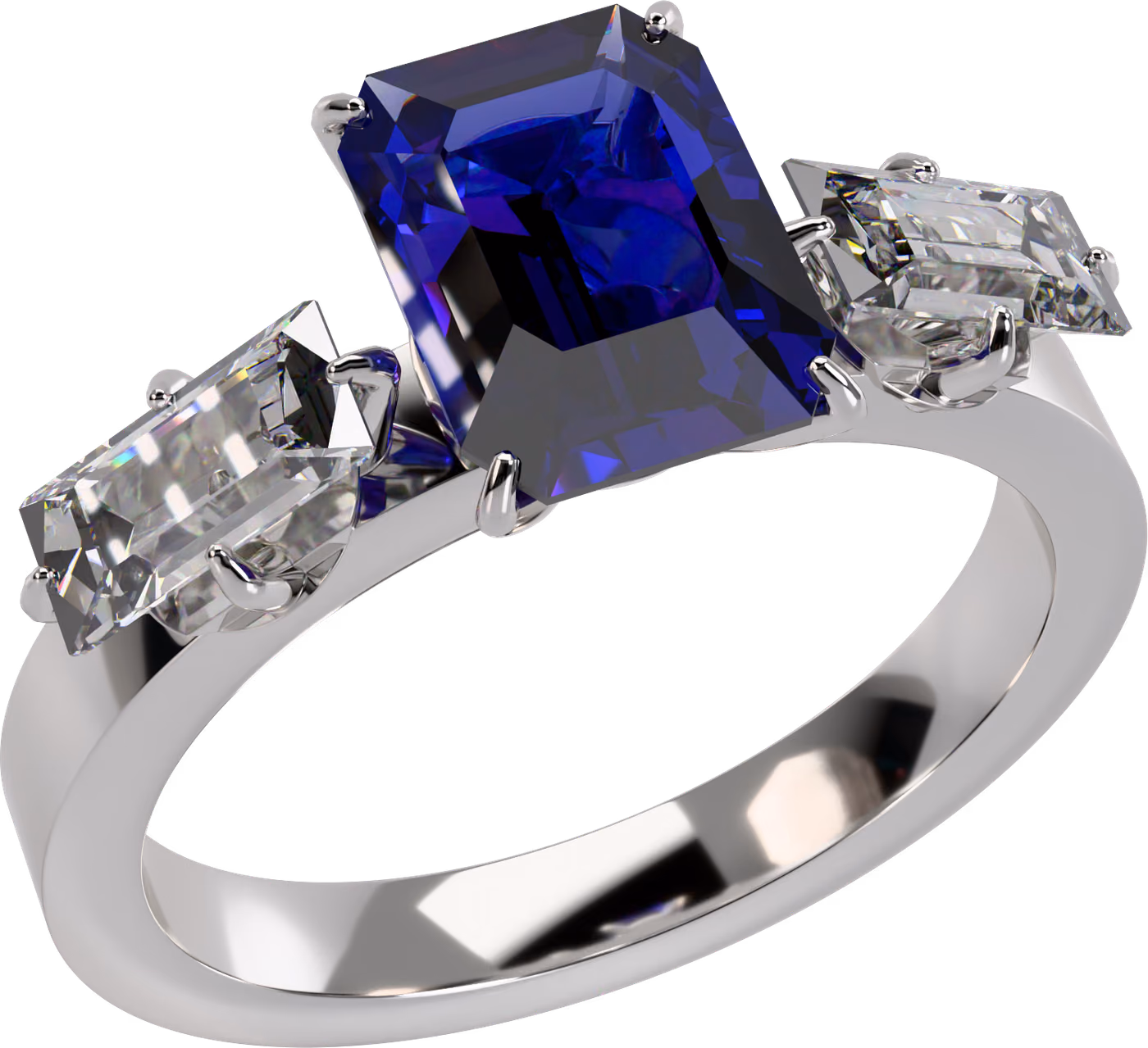 Tanzanit med baguetter, förlovningsring i 18k vitguld med 1,50 ct smaragdslipad tanzanit + 2 × 0,30 ct baguetteslipad diamant, snett ovanifrån