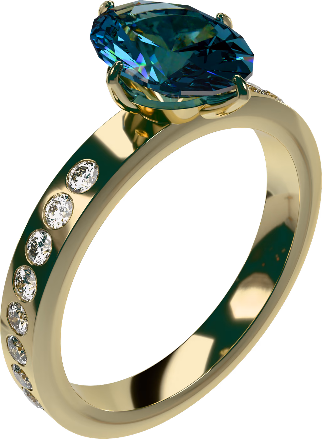 Teal safir, blågrön safirring i 18k gult guld med 1,50 ct oval blågrön safir + 16 × 0,02 ct rund diamant, snett ovanifrån