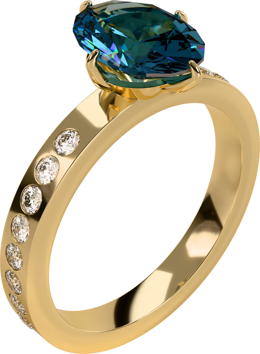 Teal safir, blågrön safirring i 18k gult guld med 1,50 ct oval blågrön safir + 16 × 0,02 ct rund diamant, snett ovanifrån