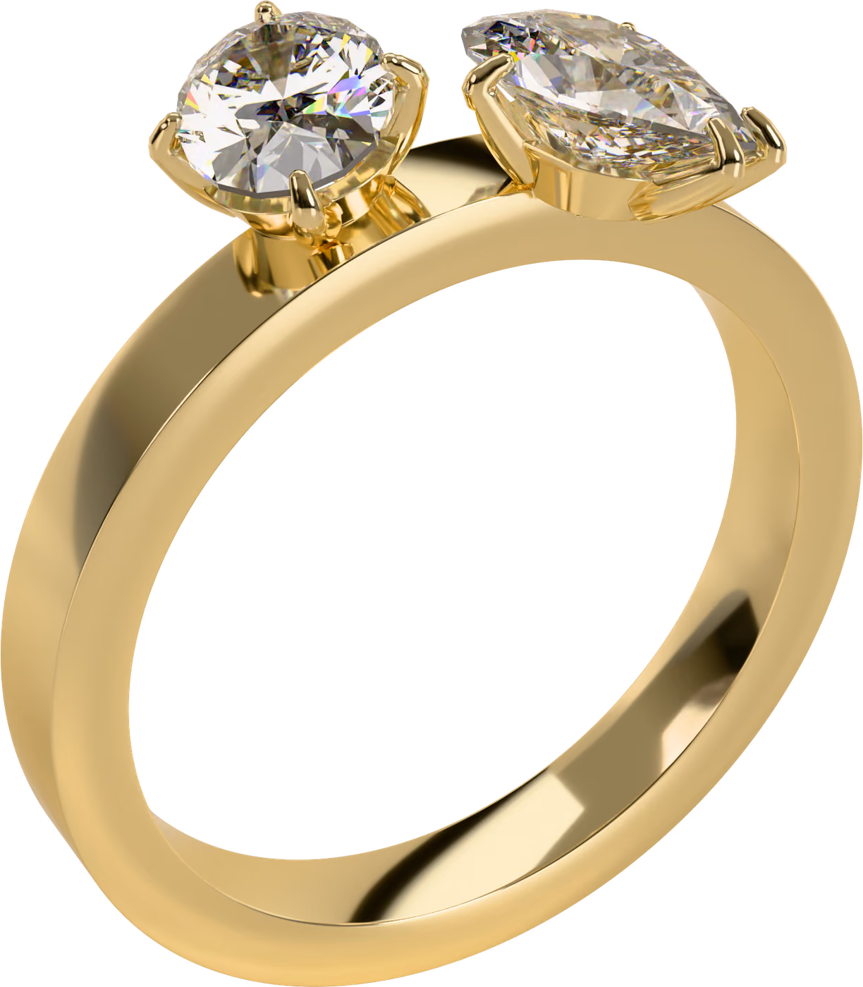 Toi et moi, förlovningsring i 18k gult guld med 0,50 ct droppslipad och oval diamant, snett ovanifrån