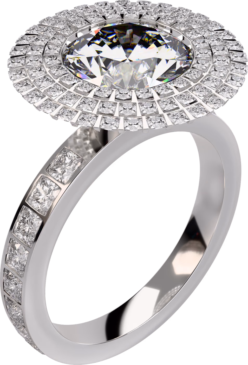 Trippelhalo, förlovningsring i 18k vitguld med 2,20 ct + 18 × 0,05 ct diamant, snett ovanifrån