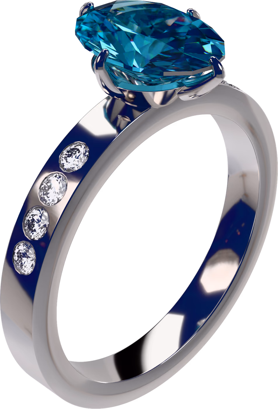 Zirkon, ring i 18k vitguld med 1,50 ct oval zirkon + 8 × 0,02 ct rund diamant, snett ovanifrån