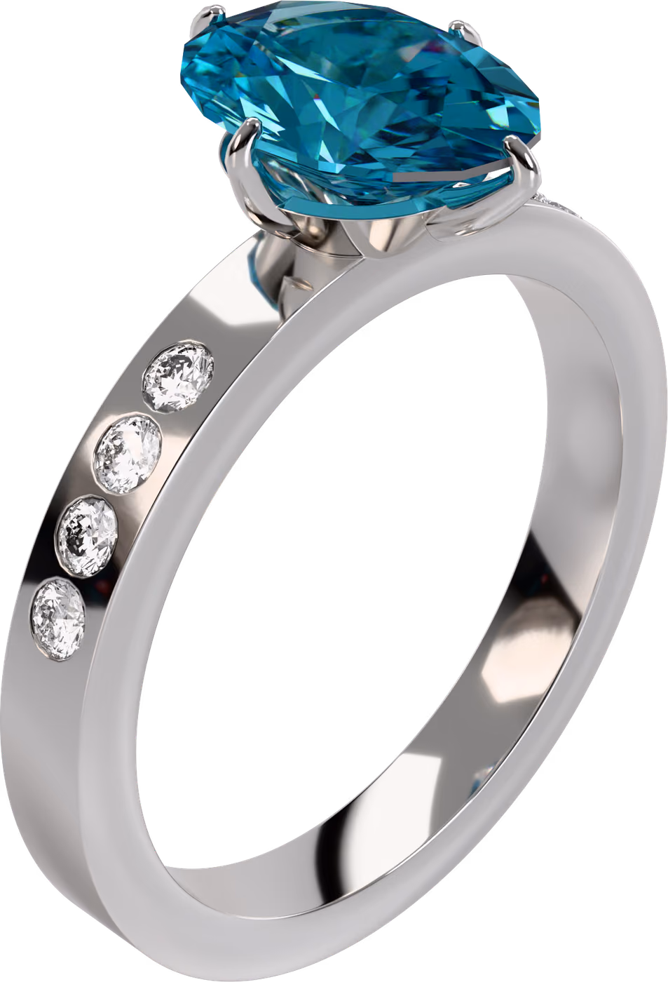 Zirkon, ring i 18k vitguld med 1,50 ct oval zirkon + 8 × 0,02 ct rund diamant, snett ovanifrån